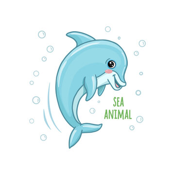 Cartoon dolphin jumping out of water,  blue dolphin on white  background. Underwater life of the ocean. Vector illustration