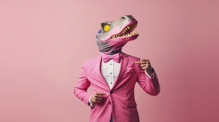 Weird crazy guy in wacky dinosaur mask - obrazy, fototapety, plakaty