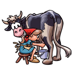 a peasant woman milking cow - cartoon illustration, isolated on white background