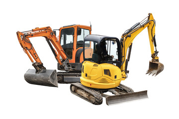 Mini excavators excavator isolated on white background. Construction equipment for earthworks in cramped conditions. Rental of construction equipment.