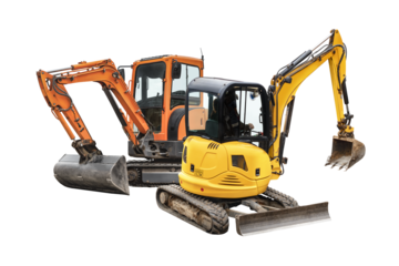 Mini excavators excavator isolated on white background. Construction equipment for earthworks in cramped conditions. Rental of construction equipment.