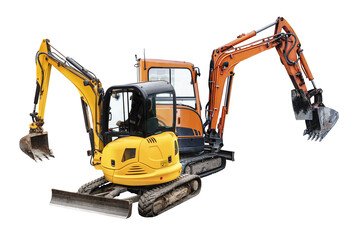 Mini excavators excavator isolated on white background. Construction equipment for earthworks in...