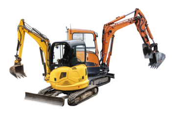 Mini excavators excavator isolated on white background. Construction equipment for earthworks in cramped conditions. Rental of construction equipment.