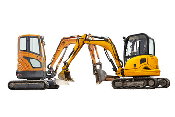 Mini excavators excavator isolated on white background. Construction equipment for earthworks in...