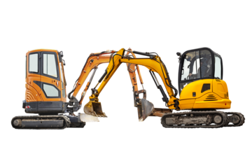 Mini excavators excavator isolated on white background. Construction equipment for earthworks in cramped conditions. Rental of construction equipment.