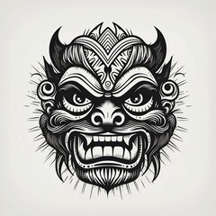 Tribal mask. Tiki demon. Monochrome ethnic pattern. Black tribal tattoo. Isolated on light background.