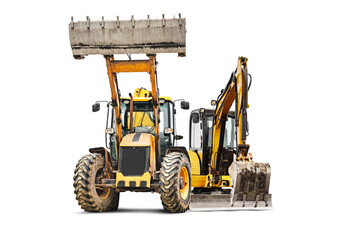 Excavator and bulldozer loader close-up on a white isolated background.Construction equipment for...