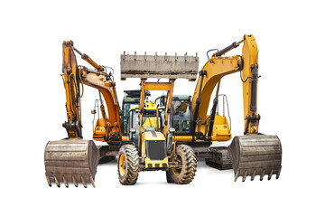 Excavator and bulldozer loader close-up on a white isolated background.Construction equipment for earthworks. element for design. Rental of construction equipment. Close-up.