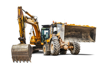 Excavator and bulldozer loader close-up on a white isolated background.Construction equipment for earthworks. element for design. Rental of construction equipment. Close-up.