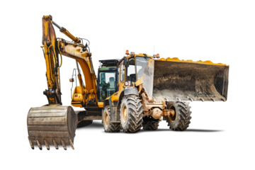 Excavator and bulldozer loader close-up on a white isolated background.Construction equipment for earthworks. element for design. Rental of construction equipment. Close-up.