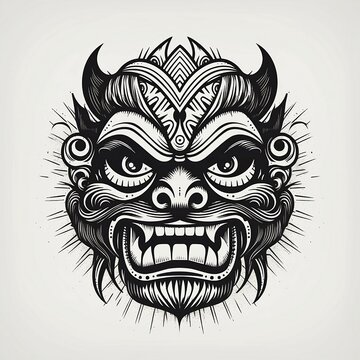 Tribal mask. Tiki demon. Monochrome ethnic pattern. Black tribal tattoo. Isolated on light background.