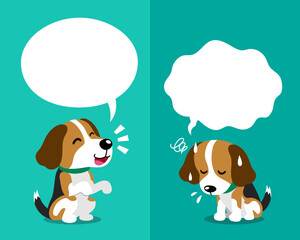 Vector cartoon character cute beagle dog expressing different emotions with speech bubbles for design.