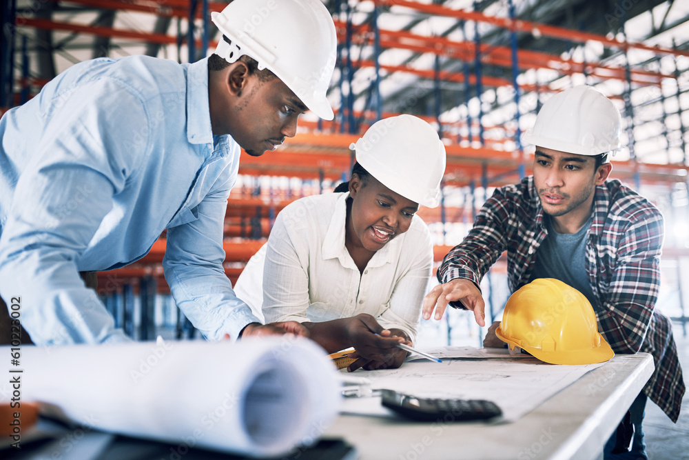 Poster business people, blueprint and documents in construction, planning or team architecture on site. arc
