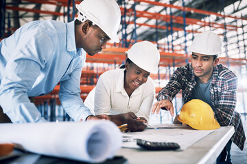 Business people, blueprint and documents in construction, planning or team architecture on site. Architect group in meeting discussion or engineering on floor plan, brainstorming or building strategy
