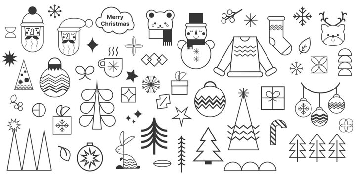 Geometric Christmas icons set. Mosaic geometric Santa face, deer, snowman, Christmas tree, gifts. Abstract New Year isolated elements. Winter holiday decor, balls, snowflakes. Vector illustration
