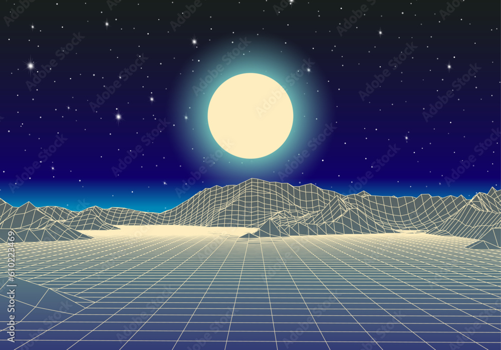 Aufkleber retro futuristic landscape with mountains and sun in deep space. 80s styled synthwve landscape with 