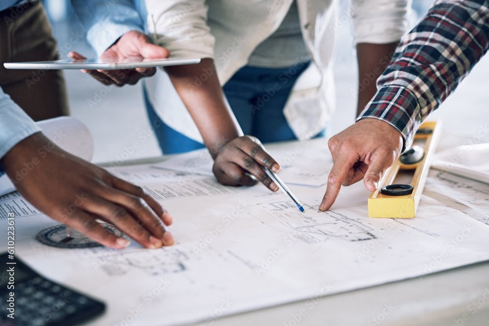 Poster business people, hands and architect on blueprint for construction, planning or teamwork at office d