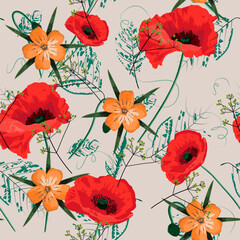 Beautiful floral design seamless pattern with red poppies, field flowers and green leaves on beige background. Hand drawn illustration.