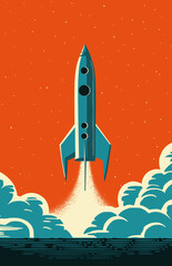 Rocket launch in retro futurism style. Vintage rocket take off in nostalgis style. © swillklitch