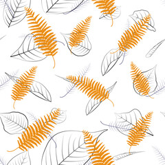 Beautiful seamless floral vintage fashion pattern with orange fern leaves on gentle white background. Hand drawn vector illustration.