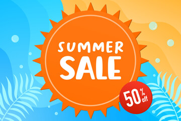 Summer Sale 50% off discount promotion special offer summertime wave beach coast sea sun sand background vector illustration. blue yellow orange colors leaves travel tropical - obrazy, fototapety, plakaty