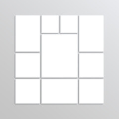 Moodboard template. Mosaic pictures frame. Album brandboard. Portfolio images layout. Photo collage grid. Retro gallery banner. Vertical mockup. Vector illustration. Combination background