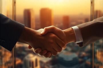 Business and financial concept. Two businessman handshake in cityscape background. Generative AI