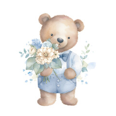 Watercolor Teddy Bear Boy Blue Color Clipart Element Printable Commercial Use