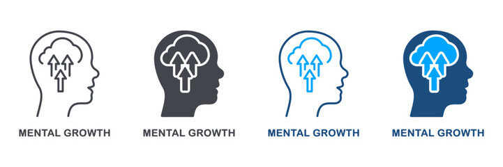 Mental Growth, Potential Career Success Silhouette and Line Icon Set. Human Head with Arrow Up, Psychology Therapy, Intellectual Process Symbol Collection. Isolated Vector Illustration