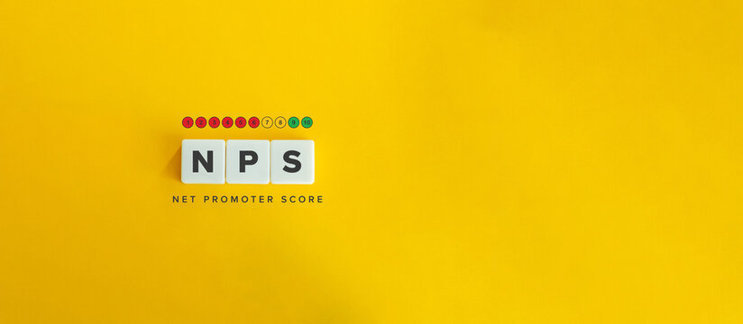 Net Promoter Score (NPS) Banner and Concept Image. Letter Tiles on Yellow Background. Minimal Aesthetic.