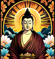 Buddha with flowers and sun. Vector illustration in retro style.