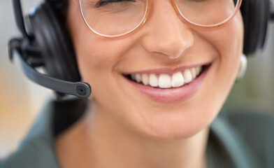 Call center, mouth and happy woman, consultant or advisor talking, virtual communication or technical support. Insurance agent, headphones or mic of person speaking or helping in customer service job