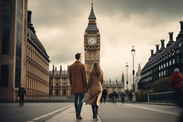 Fototapeta na wymiar Travel, vacation, romance concept. Young couple traveling and walking in London, England. Big Ben in background. Man and woman view from behind. Sunset summer background. Generative AI