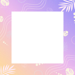 Tropical  background with white square and a purple-pink gradient. Creative compositions of colorful palm leaves and branches. Floral geometric design template for posters, covers, social media storie
