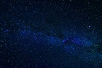blue starry night sky with the milky way and galaxies. Astrophotography with many stars and...