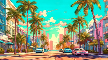 Naklejka premium Background city beach with palm. An immersive banner design featuring an illustrated city beach with palm trees against a captivating abstract background. Generative AI.