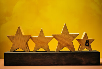 Fototapeta premium five stars rating icons on yellow background, in the style of mixed-media sculptor, human-canvas integration, carved wood blocks