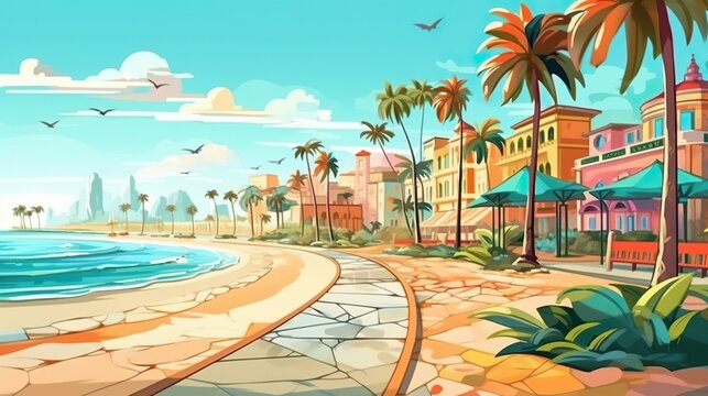Background city beach with palm. A captivating illustration portraying the relaxing ambiance of a city beach with palm trees, elegantly displayed in a banner. Generative AI.