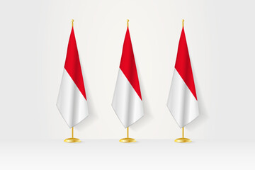 Three Monaco flags in a row on a golden stand, illustration of press conference and other meetings.