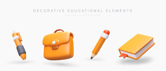 Set of 3D icons, accessories for learning. Ballpoint pen, briefcase, pencil, book. Vector illustration on white background. Signs of education, nobility, development. Cute plasticine style