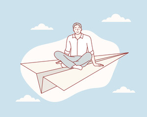 man sitting paper page plane. Hand drawn style vector design illustrations.