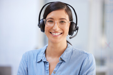 Call center, portrait and happy woman for business communication, virtual support or telemarketing job. Face of agent, advisor or agency person in online consulting, tech advice or helping in office - obrazy, fototapety, plakaty