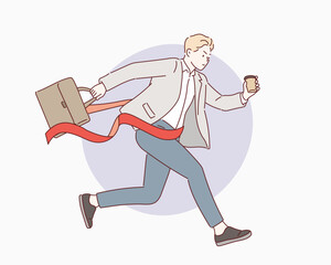 Businessman on the finishing line in competition concept. Hand drawn style vector design illustrations.