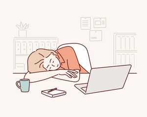 Deadline, overworking, sleep,  business concept. Tired exhausted overworked businessman clerk manager sleeping taking nap on office workplace table.Hand drawn style vector design illustration