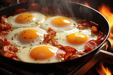 Close up of pan of delicious eggs with bacon on top in a cast iron skillet with smoke.ai generated