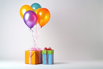 Multi-colored balloons and a gift box on white background. Holiday. Birthday.