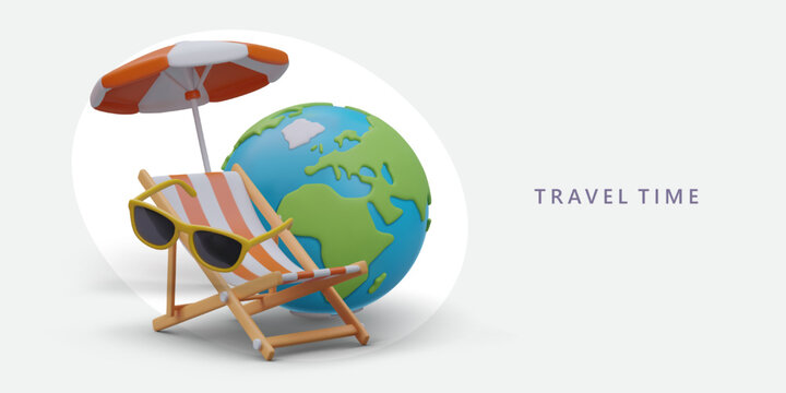 Giant 3D globe, striped beach umbrella, sunglasses, deck chair. Travel ad template in cartoon style. Time to relax and sunbathe. Vacations in other countries
