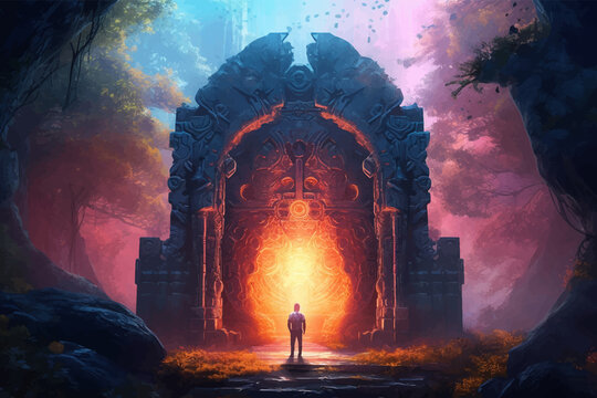 Man in front of Entrance to Magic world. Fantasy Stone gate. Passage to another world. The magic door to an alien world. Portal. Fantasy night landscape. Dessert. Fairy-tale scene. 3D illustration