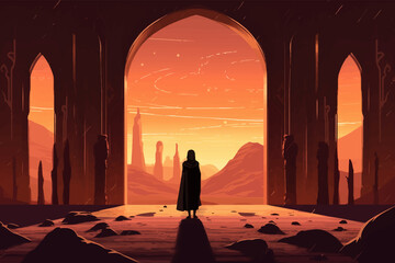 Man in front of Entrance to Magic world. Fantasy Stone gate. Passage to another world. The magic door to an alien world. Portal. Fantasy night landscape. Dessert. Fairy-tale scene. 3D illustration