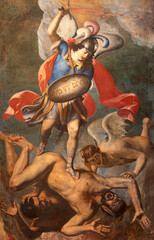 NAPLES, ITALY - APRIL 23, 2023: The painting of Michael archangel  in the church Basilica di Santa Maria della Sanita by  unknow artist from 17. cent.